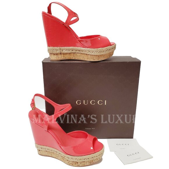 GUCCI SHOES HOLLIE PATENT LEATHER PLATFORM WEDGE ESPADRILLE SANDAL PINK 38.5 8.5 - Picture 2 of 12